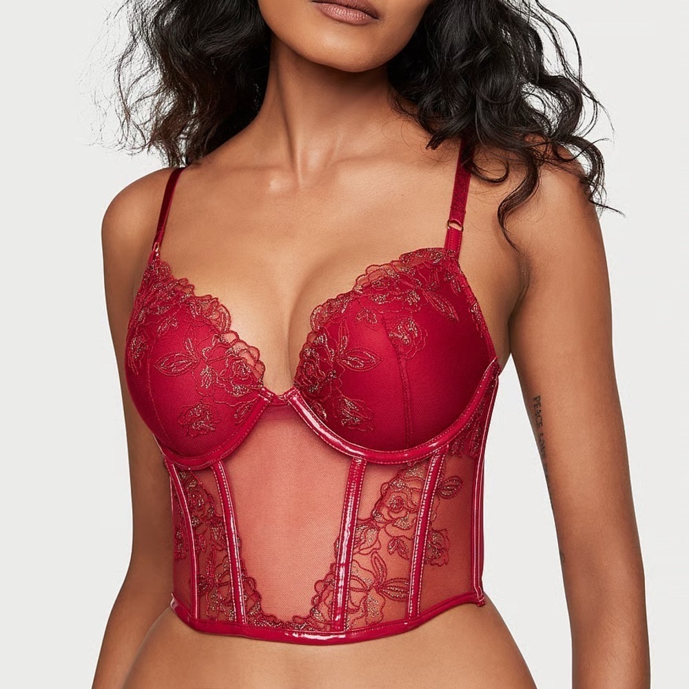 Victoria's Secret Red Lace Corset Bra Embroidered Gold New With Tags Lingerie